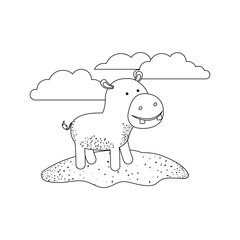 hippopotamus cartoon in outdoor scene with clouds in monochrome silhouette vector illustration