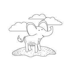 elephant cartoon in outdoor scene with clouds in monochrome silhouette vector illustration