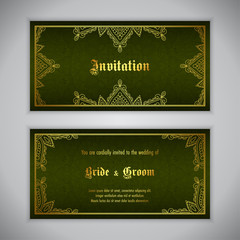 Luxury wedding invitation with golden ornament. Vector illustration