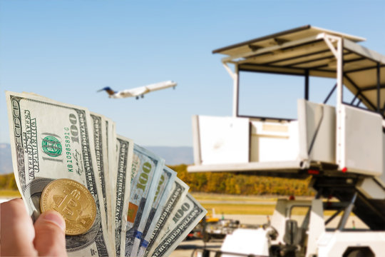 bitcoin airplane hand, airplane, airport