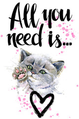 hand-drawn watercolor illustration of cute cat
