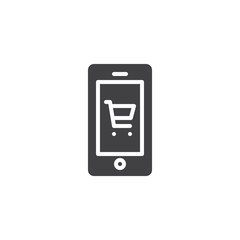 Smartphone with shopping cart icon vector, filled flat sign, solid pictogram isolated on white. Mobile phone with trolley symbol, logo illustration.