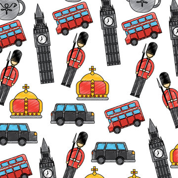 london and united kingdom city soldier crown taxi bus big ben icons vector