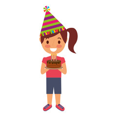 young girl with party hat holding birthday cake vector illustration