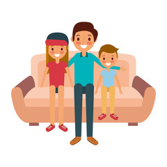 dad with her son and daughter sitting in the sofa vector illustration