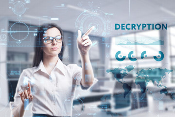 The concept of business, technology, the Internet and the network. A young entrepreneur working on a virtual screen of the future and sees the inscription: Decryption