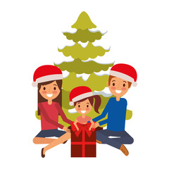 happy familiy the parents and child with christmas tree and gift vector illustration