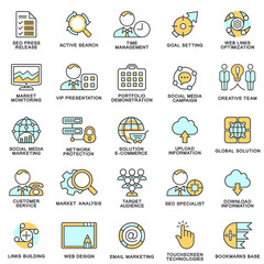Fototapeta premium Modern SEO contour icons of web optimization, marketing, management and design. The thin contour lines with color fills.