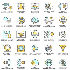 Modern contour icons database processing methods of data.  Data science technology, machine learning process. The thin contour lines.