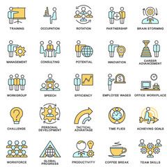 Icons corporate governance, business training. Teamwork and advice. The thin contour lines with color fills.