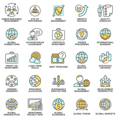 Fototapeta premium Icons set global business, economics and marketing. The thin contour lines.