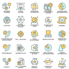 Fototapeta premium Icons set of production management. The thin contour lines.