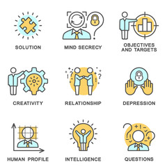 The collection icons human personality psychology. Mental abilities, behavior. Vector illustration concept. The thin contour line. Flat design web graphics elements.