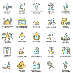 Modern icons set of fitness, exercise, gym equipment, sports, activity, recreation, nutrition. The thin contour lines with color fills.