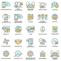 Fototapeta premium Icons for e-business. The thin contour lines. The thin contour lines with color fills.