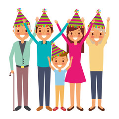 family wearing party hat with arms up birthday celebration vector illustration