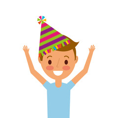 happy young boy with party hat arms up vector illustration