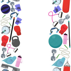 Seamless vertical borders of fitness accessories, sketch cartoon illustration of gym equipment for home exercise. Vector