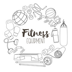 Set of fitness accessories, sketch cartoon illustration of gym equipment for home exercise. Vector