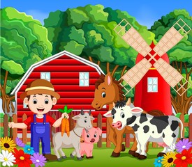 Obraz na płótnie Canvas Farm scenes with many animals and farmers