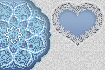 Template of wedding greetings or invitations. 3D mandala, heart-shaped frame with lace edges, surface with a relief pattern. Abstract background on the surface. Place for the inscription in the frame