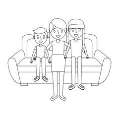 mom sitting in sofa with her daughter and son vector illustration