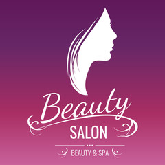 Beauty salon logo design with woman silhouette on pink background