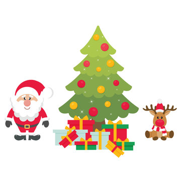 cartoon cute santa claus with christmas fir tree and gifts and christmas deer