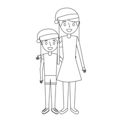 mom embracing her daughter wearing christmas hat vector illustration outline