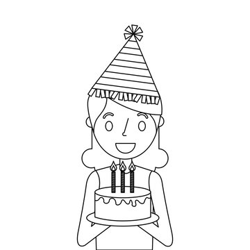 elderly woman grandmother holding birthday cake vector illustration outline