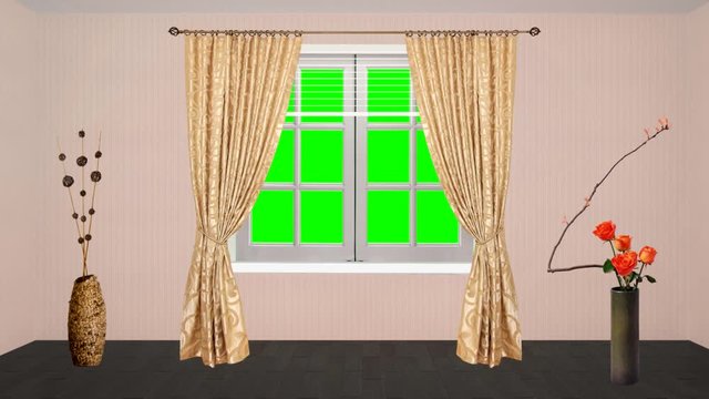 a room with a beautiful interior.the window in my room with beige stormie curtains open,blinds up.the window opens,the window green screen.animated video