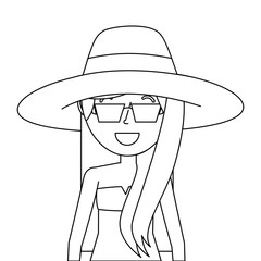 portrait smiling woman with swimsuit sunglasses hat vector illustration outline