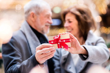 Senior couple doing Christmas shopping.