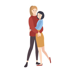 Fototapeta premium Pair of young happy women dressed in casual clothing, standing together, hugging and smiling. Lesbian couple. Flat cartoon characters isolated on white background. Colorful vector illustration.
