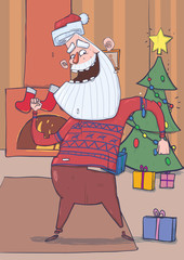 Funny Santa Claus in deer sweater smiling and dancing in decorated room with Christmas tree, stockings and fireplace. Santa waves hands. Vertical vector illustration. Cartoon character.