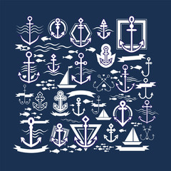 Set of Anchors Symbols on White Background. Set of anchors vector. Collection of anchors, ships, waves and fish. Anchor logo, logo harpoon, boats, etc