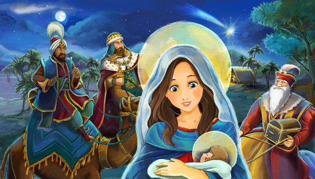 Cartoon scene with Mary and Jesus Christ and traveling kings - illustration for children