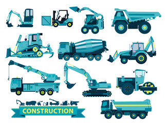Vector big set of ground works, blue building machines vehicles Construction equipment for building. Truck digger, crane, forklift, bagger, mixer, steamroller, excavator. Transportation machinery.