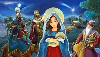 Obraz premium Cartoon scene with Mary and Jesus Christ and traveling kings - illustration for children