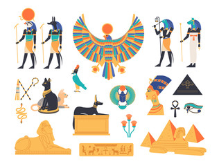 Ancient Egypt collection - gods, deities and mythological creatures from Egyptian mythology and religion, sacred animals, symbols, architecture and sculpture. Colored flat cartoon vector illustration.
