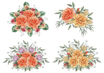 Hand painted watercolor charming combination of Flowers and Leaves, isolated on white background.