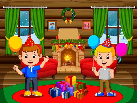 cute kids in the living room during christmas