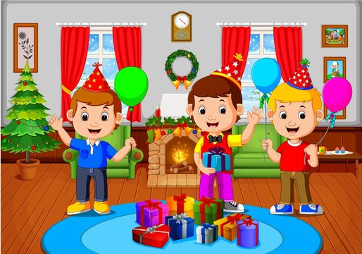 cute kids in the living room during christmas