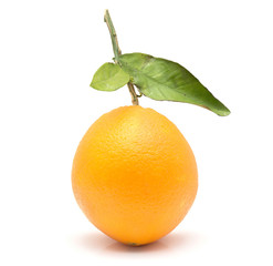 One fresh orange with green leaf isolated on white background.