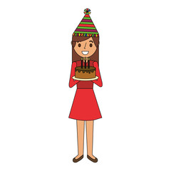 woman with party hat holding birthday cake vector illustration
