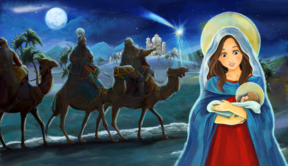Cartoon scene with Mary and Jesus Christ and traveling kings - illustration for children © honeyflavour