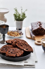 Chocolate cake with chunks of chocolate and nuts