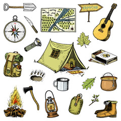 camping trip, outdoor adventure, hiking. Set of tourism equipment. engraved hand drawn in old sketch, vintage style for label. guitar and bear step, map and compass, cup and pointer. backpack and tent