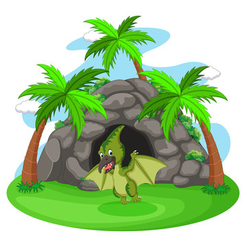 Dinosaur standing in front of a cave illustration
