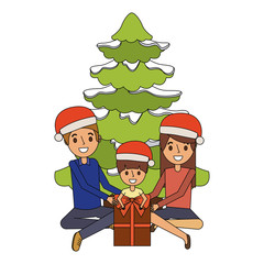 happy familiy the parents and child with christmas tree and gift vector illustration